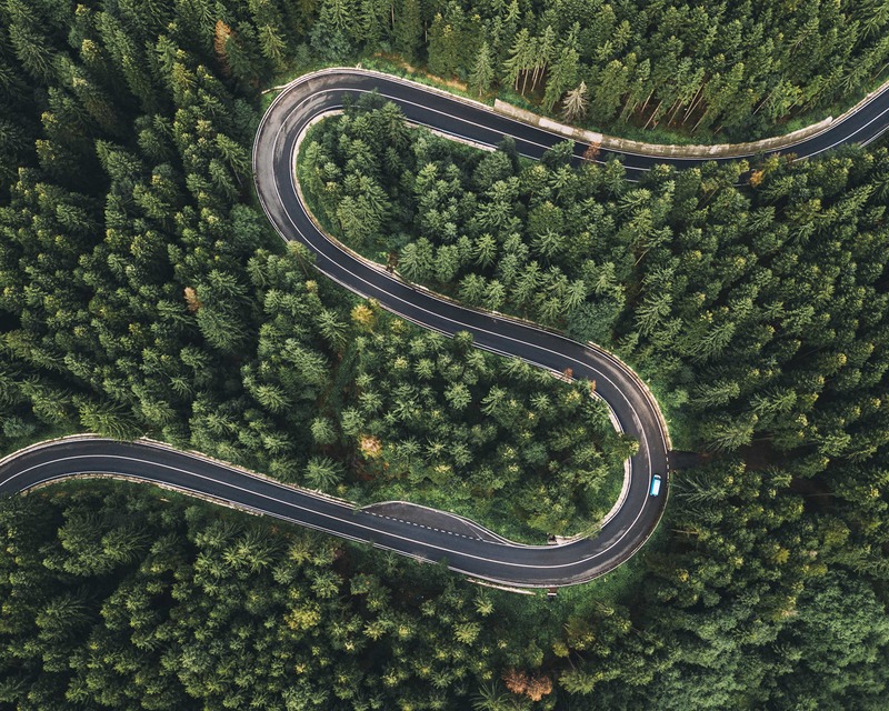 Aerial View Of Winding Road During Amidst Trees