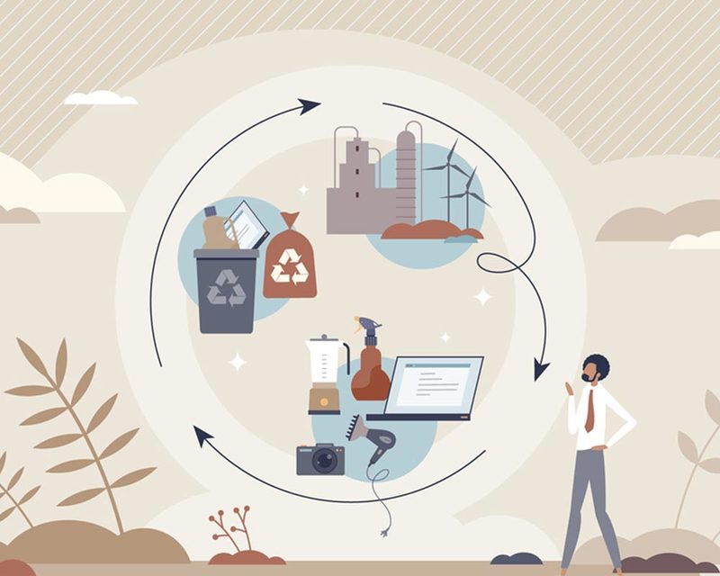 Circular economy, environment friendly and sustainable resource cycle concept. Efficient energy consumption for business growth and clean environment. Efficient manufacturing and reducing emissions.