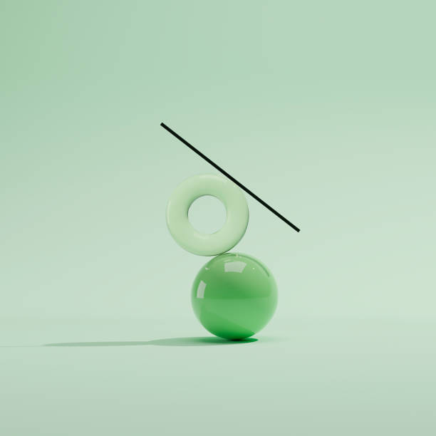 Ball, torus and stick. Minimalistic background with green objects. Balancing composition from figures.