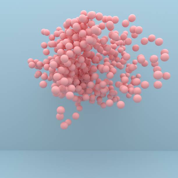 Pink spheres flying over sky-blue background.