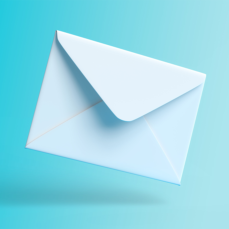 Envelope falling on the ground on a blue backgorund. Email notification. Minimal design. 3D rendering illustration