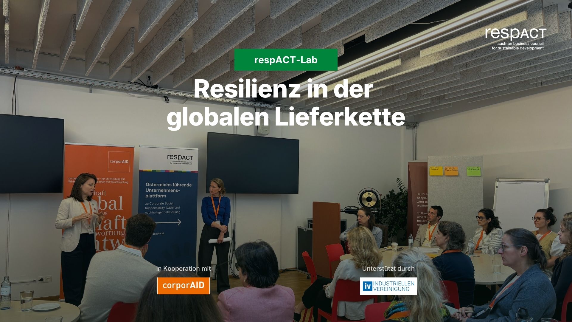 Titelgrafik respACT-Lab Resilienz in der globalen Lieferkette mit Logos von corporAID und Industriellenvereinigung